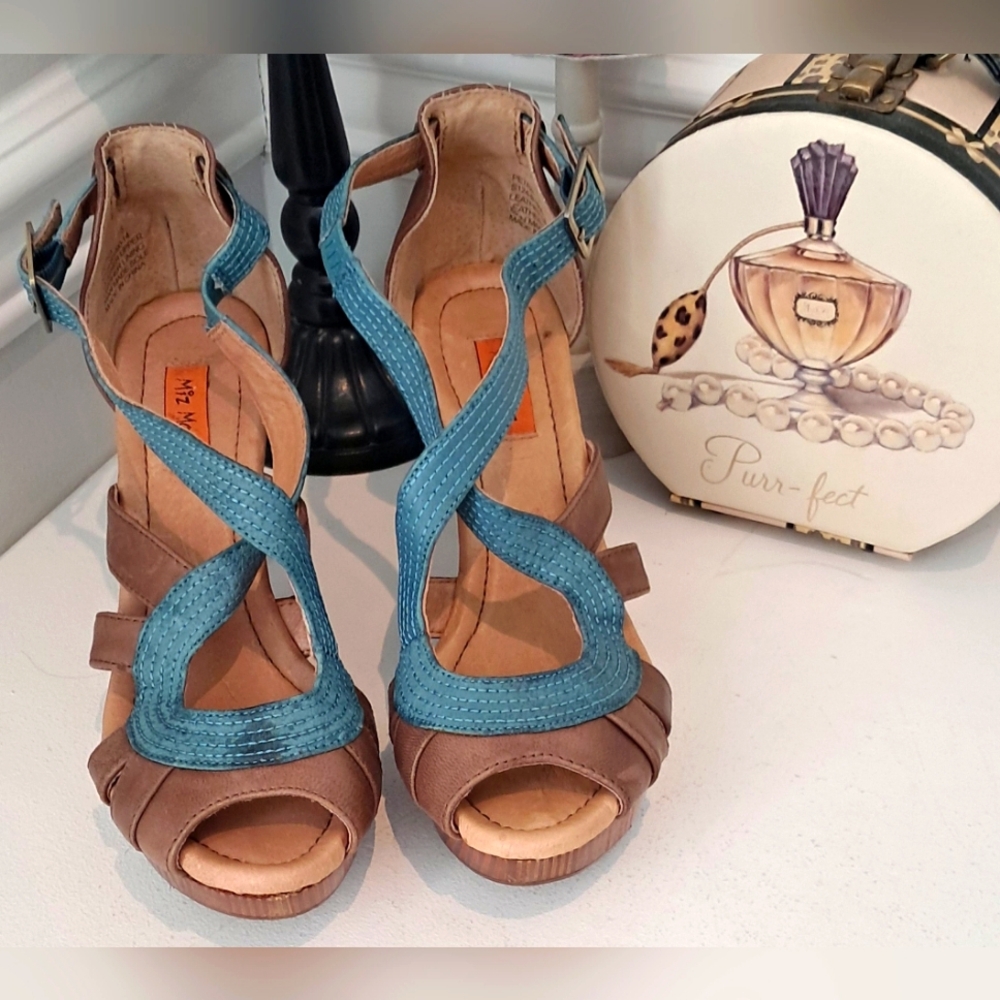 Miz Mooz Brown and Teal Strappy Wedge Sandals